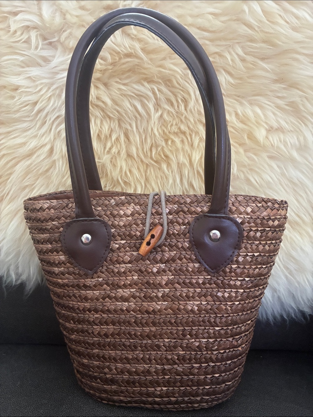 Woven Straw Tote Bag with Dark Brown Handles